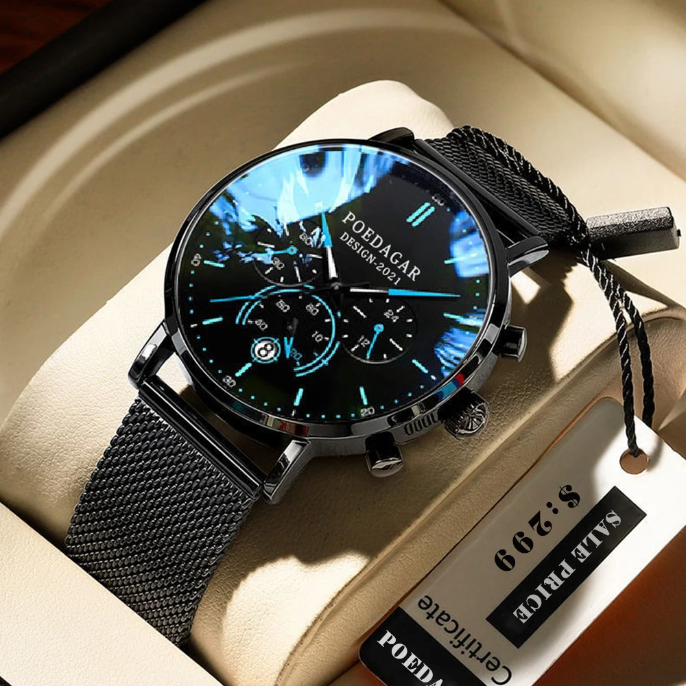 POEDAGAR Men Watch Fashion Chronograph Slim Stainless Steel Mesh Quartz Men's Wristwatch Waterproof Luminous Date Sport Watch