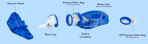 Pool Blaster Max CG parts: vacuum head, nose cap. X-Treme Multilayered filter bag, debris chamber