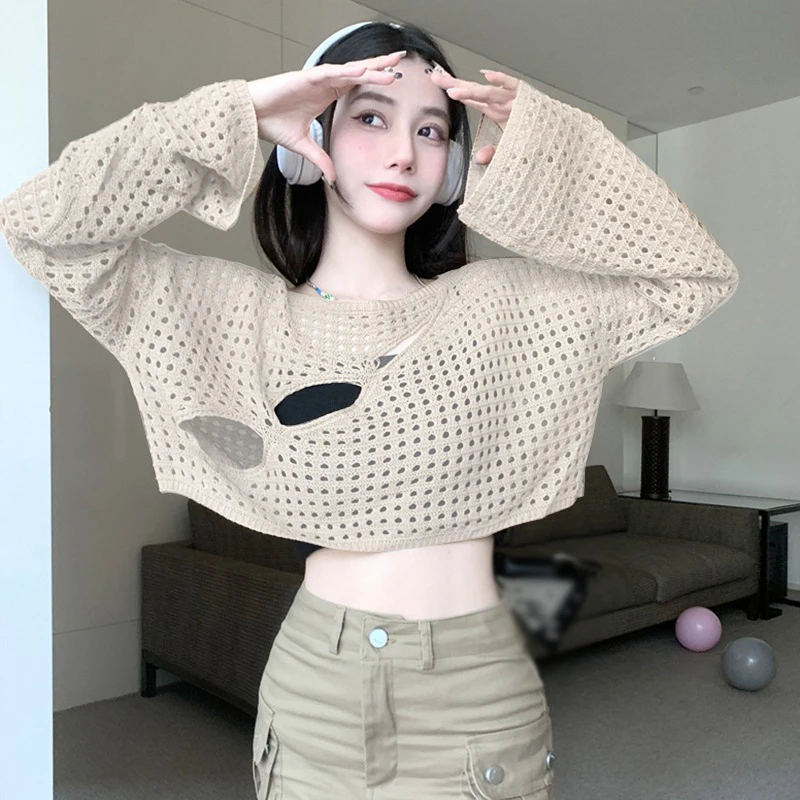 Mesh Loose See-through  Tops Knitted round Neck Women's Blouses