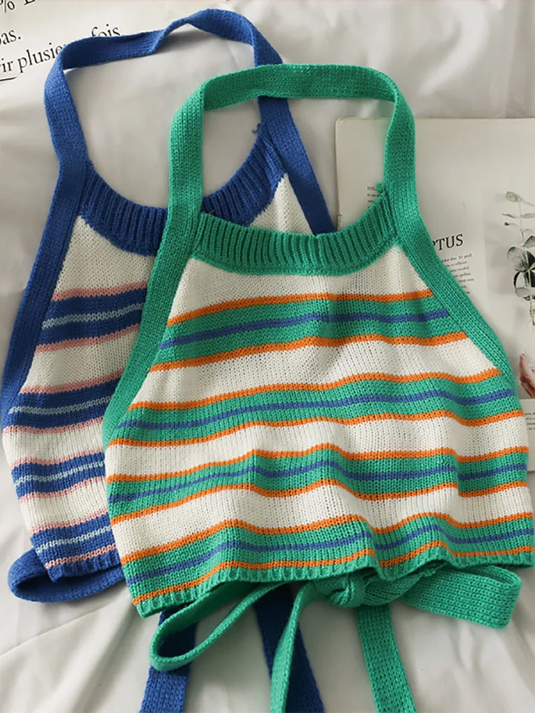 HELIAR Top Women Stripes Crop Tops Knitted Halter Y2K Tops Backless Bandage Round Neck Strappy  Sexy Crop Tops Women Summer 2023