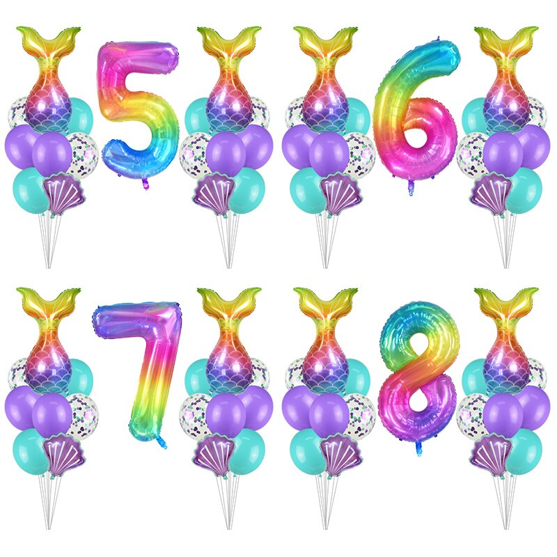 17Pcs/Set Mermaid Theme Party Rainbow Digital Foil Balloons Combination Baby Shower Birthday Party Decoration Balloon