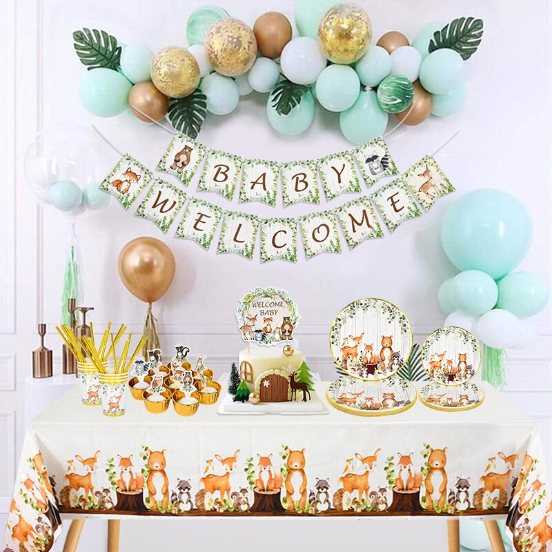 Woodland Animal Disposable Tableware Wild Forest Bear Fox Plate Cup Napkin Jungle Safari Baby Shower Happy Birthday Party Decor