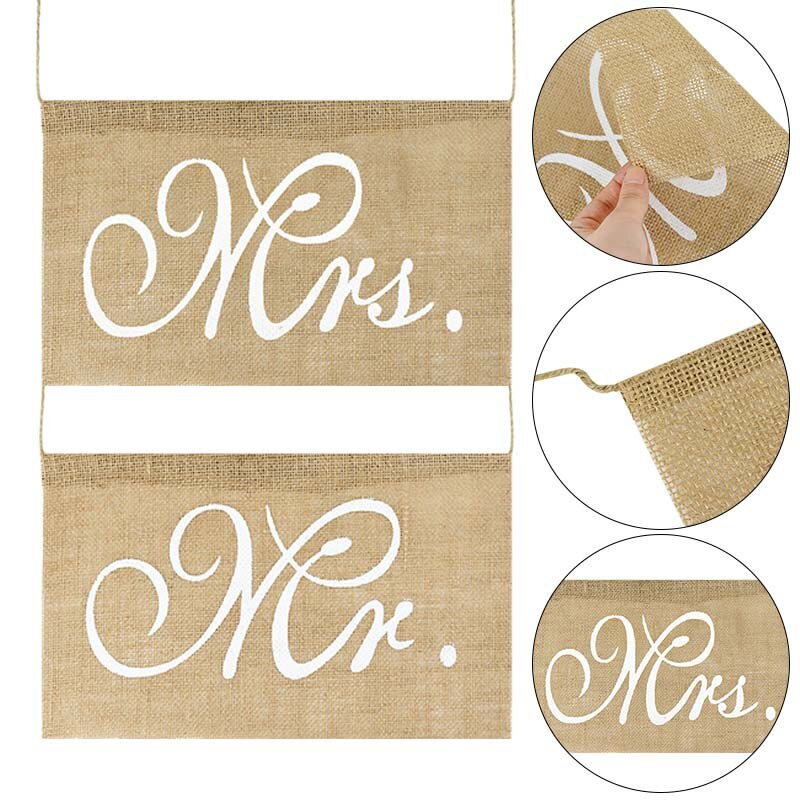 2Pcs/set Mr and Mrs Burlap Chair Banner Set Chair Sign Garland Rustic Groom Bride Burlap Photo Props Wedding Party Decoration