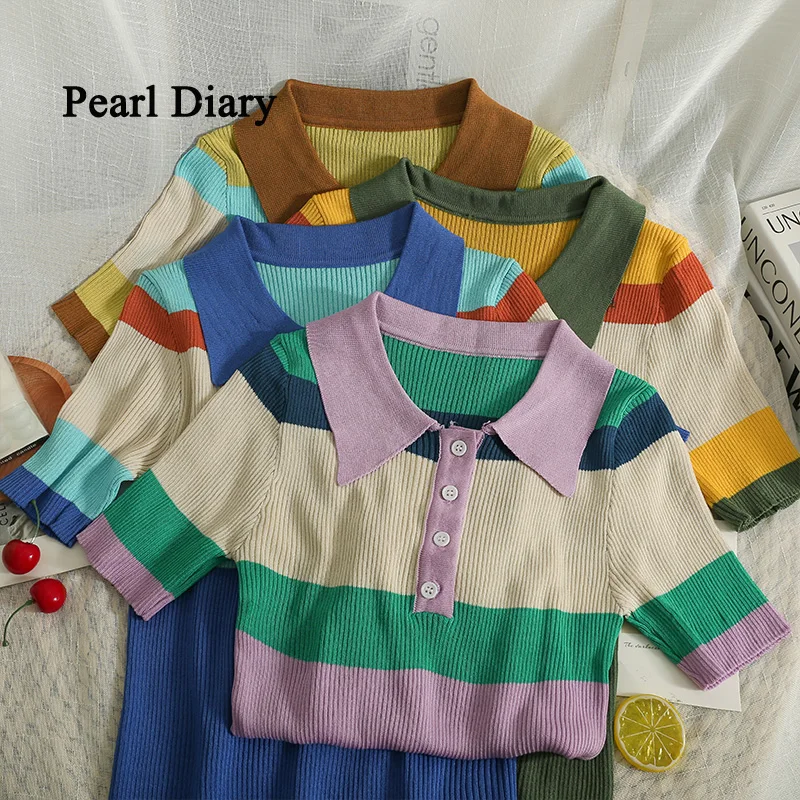 Pearl Diary Korean Version Contrast Color Stripe Turndown Collar Top Women Summer New Style Thin T-Shirt All-Match Knitting Top