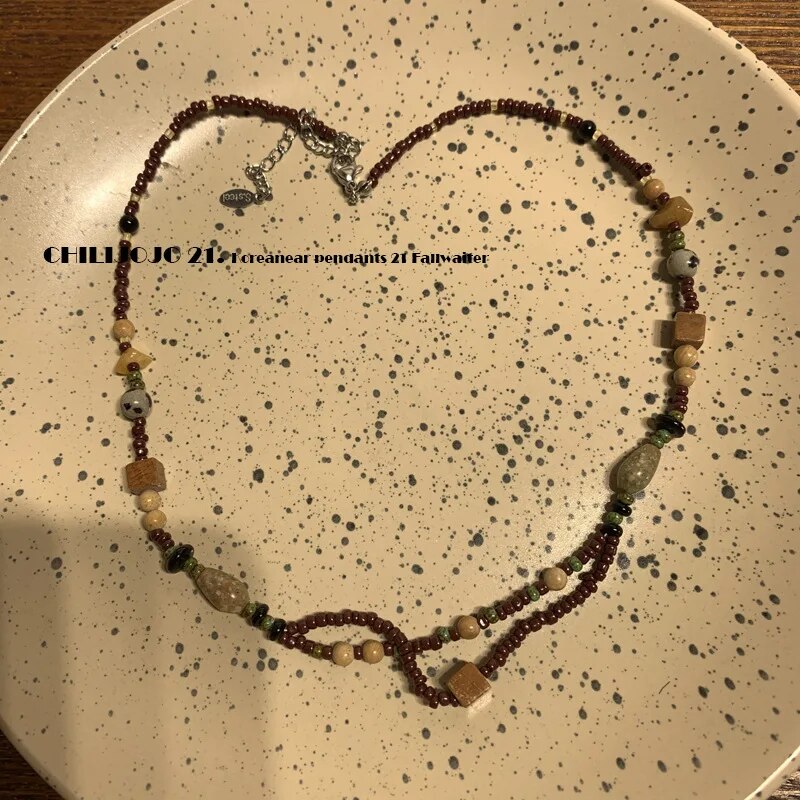 Women's Classic Charm Jewellery Irregular Brown Beaded Necklace Fashion Jewelry Trendy Necklaces Delicate Vintage Neck Chain