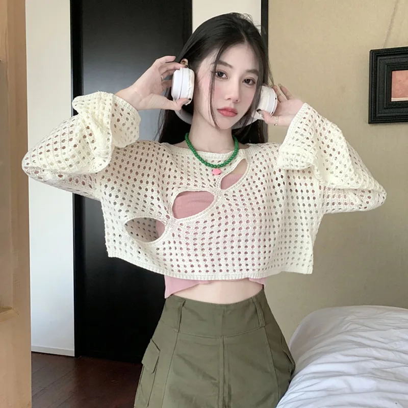 Mesh Loose See-through  Tops Knitted round Neck Women's Blouses