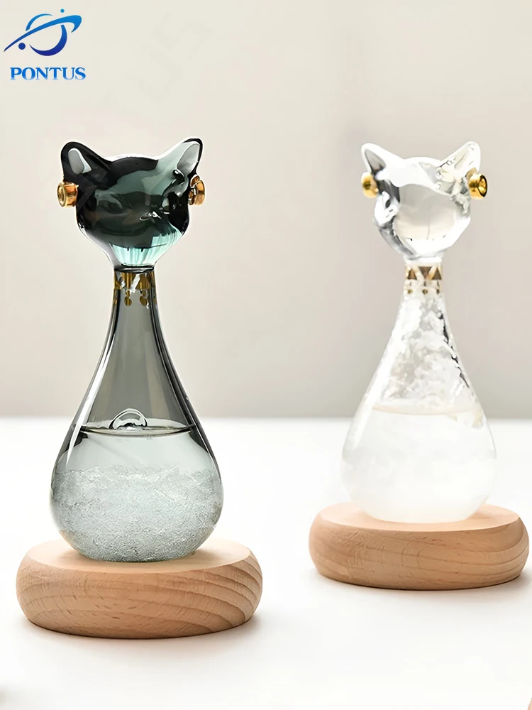 Anderson Cat Weather Forecast Bottle Predictor Monitor Glass Storm Bottle with Wooden Base Desktop Ornaments Room Decor Gifts