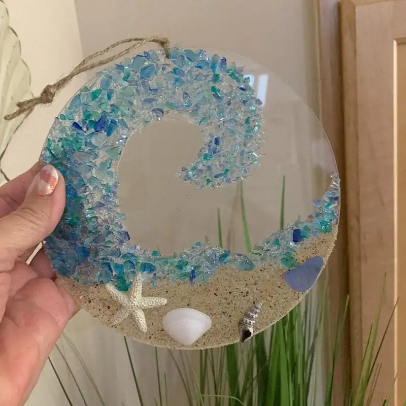 Sea Glass Suncatcher - Ocean Crashing Wave Beach Shells Ornament Acrylic Art Picture Office Home Decoration Christmas Gifts