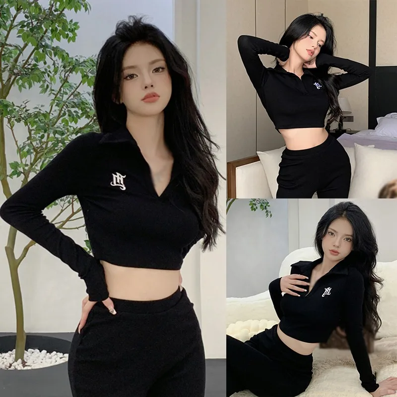 Top Spring Fashion Korean Style Slim All-Match Long-Sleeved V-Neck Spring Autumn Crop Tops