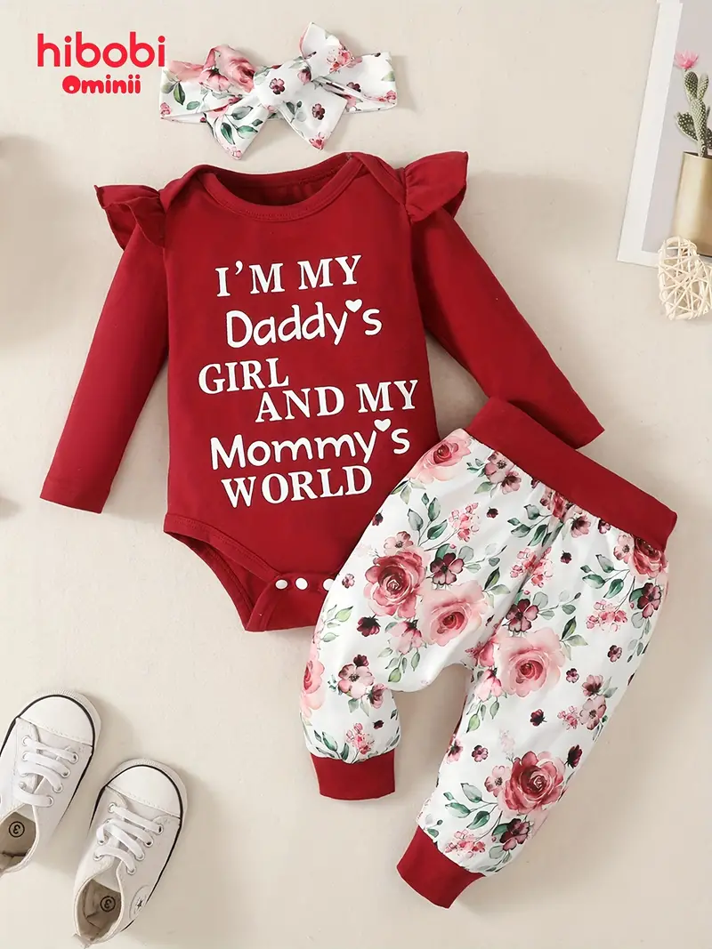 infant baby comfy cute outfit letter graphic romper floral print pants headband set details 6