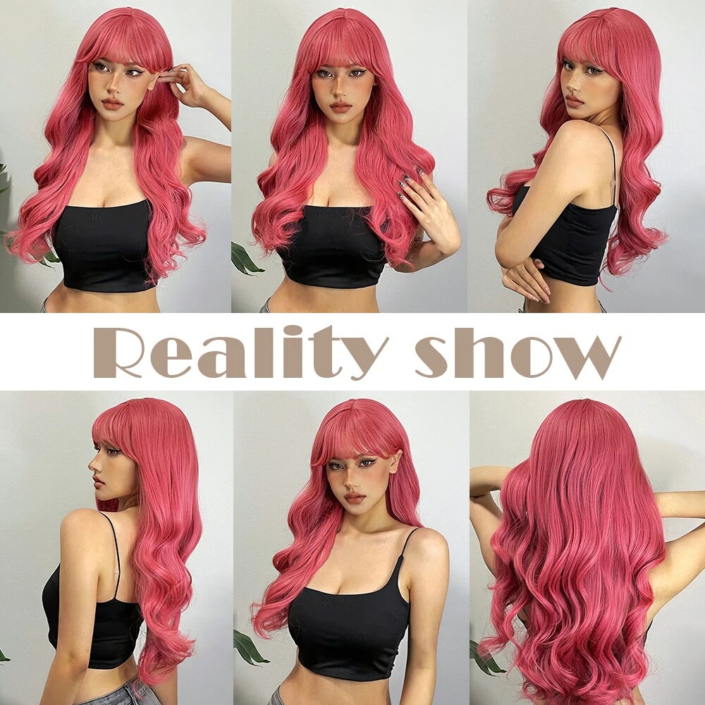Long Pink Wavy Synthetic Natural Wigs for Women with Bangs Natural Wave Hair Wigs Daily Cosplay Use Lolita Heat Resistant Fiber