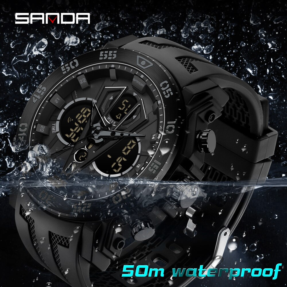 SANDA Brand Men Watches Dual Display LED Digital Quartz Wristwatch 50M Waterproof Sports Military Watch Relogios Masculino 6105