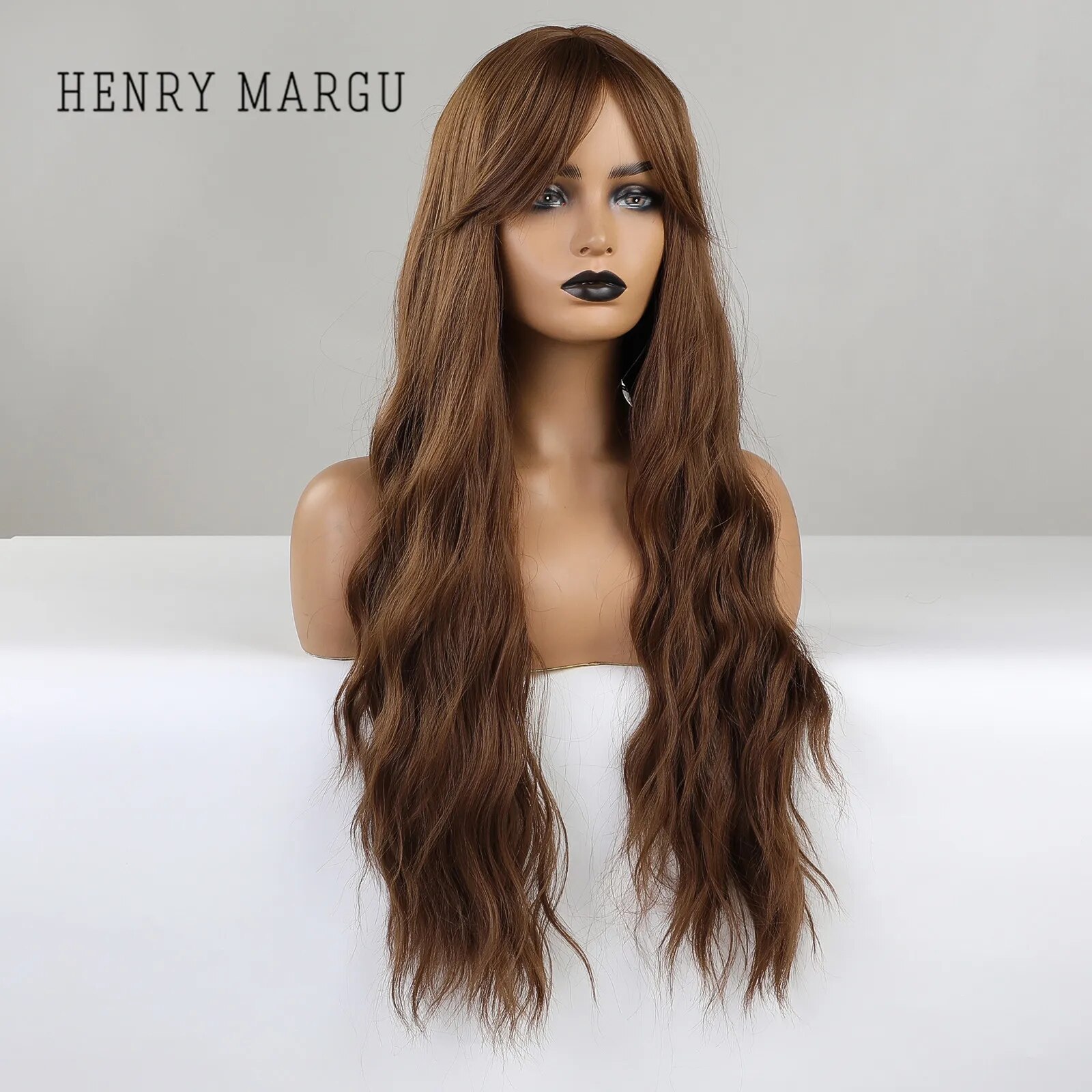HENRY MARGU Long Brown Wavy Synthetic Wigs with Bangs Natural Water Wave Hairs for Women Daily Cosplay Party Heat Resistant Wigs