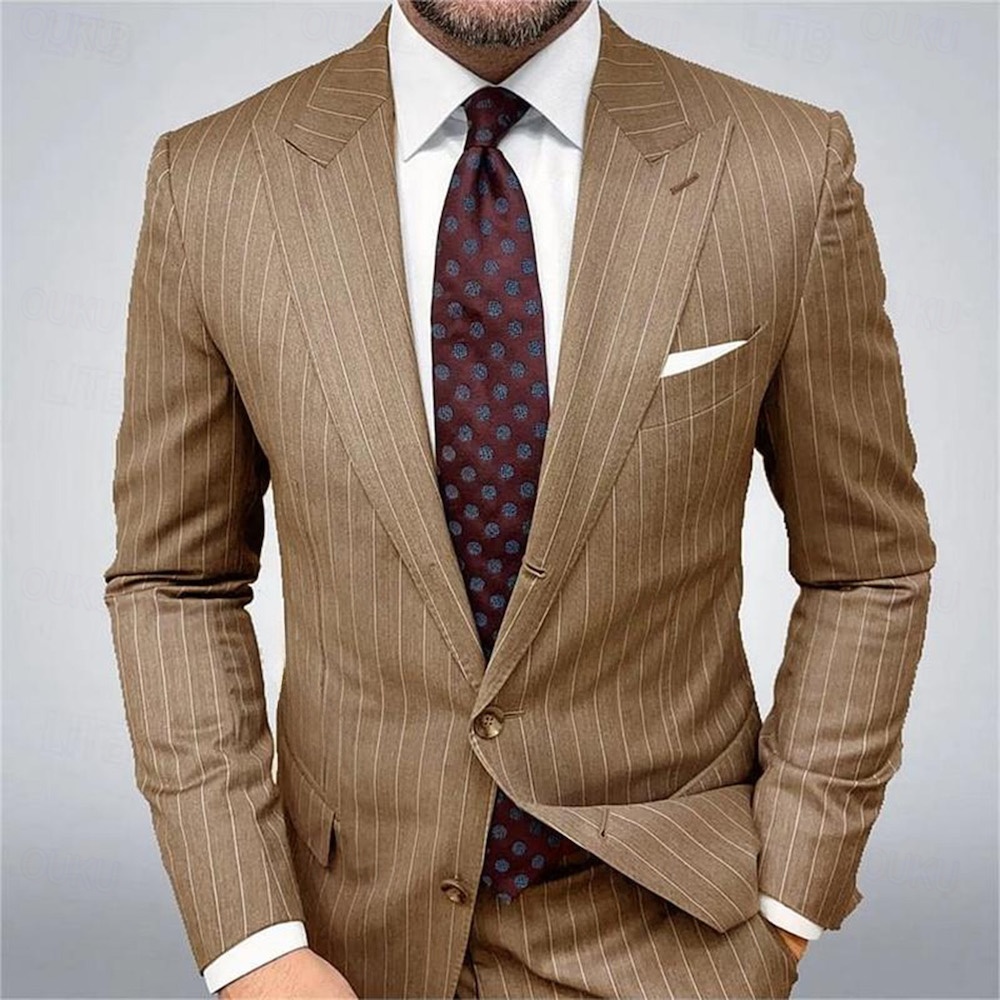Men's Blazer Business Cocktail Party Wedding Party Fashion Casual Spring &  Fall Polyester Stripes Button Pocket Comfortable Single Breasted Blazer Blue Brown Gray 2024 - US $85.99 –P1