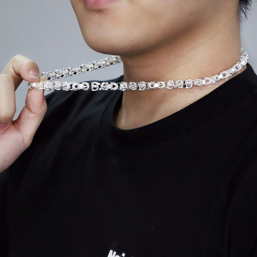 Really 100% 925 Sterling Silver Box Chain Necklace Fashion Men 7mm 52cm Choker Hip-hop Punk Skeleton Chain Jewelry