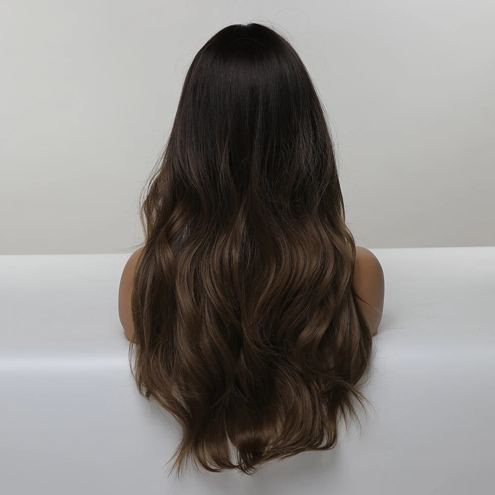 Emmor Synthetic Long Wavy Natural Ombre Brown to Dark Blonde With Bangs Wigs for Women High Temperature Fiber Body Wave Wigs
