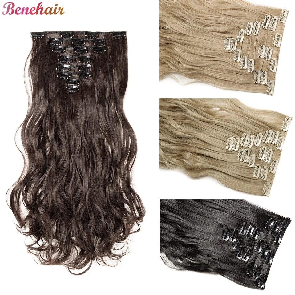 BENEHAIR Clip in Hair Extensions 17 Inch 8PCS Long Wavy Synthetic Hair Extensions Clip ins Weft Hair Clip Extensions for Women