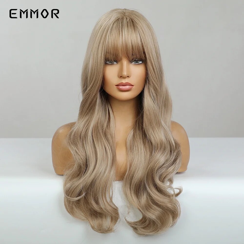 Emmor Synthetic Long Blonde Wavy Wigs for Women Hair Soft Natural Light Blond Wig with Bangs Heat Resistant Fiber Hair Wig