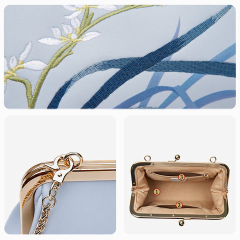 Embroidery Leather Pearl Chain Kiss Lock Clutch Handbag Orchid