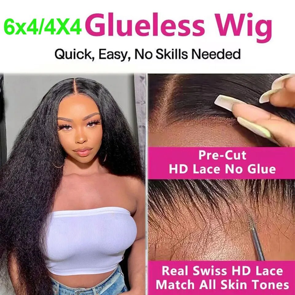 10-34 Kinky Straight Glueless Preplucked Human Hair Lace Front Wig Ready To Go Brazilian Cheap 6x4 4x4 Pre-Cut Lace Closure Wigs