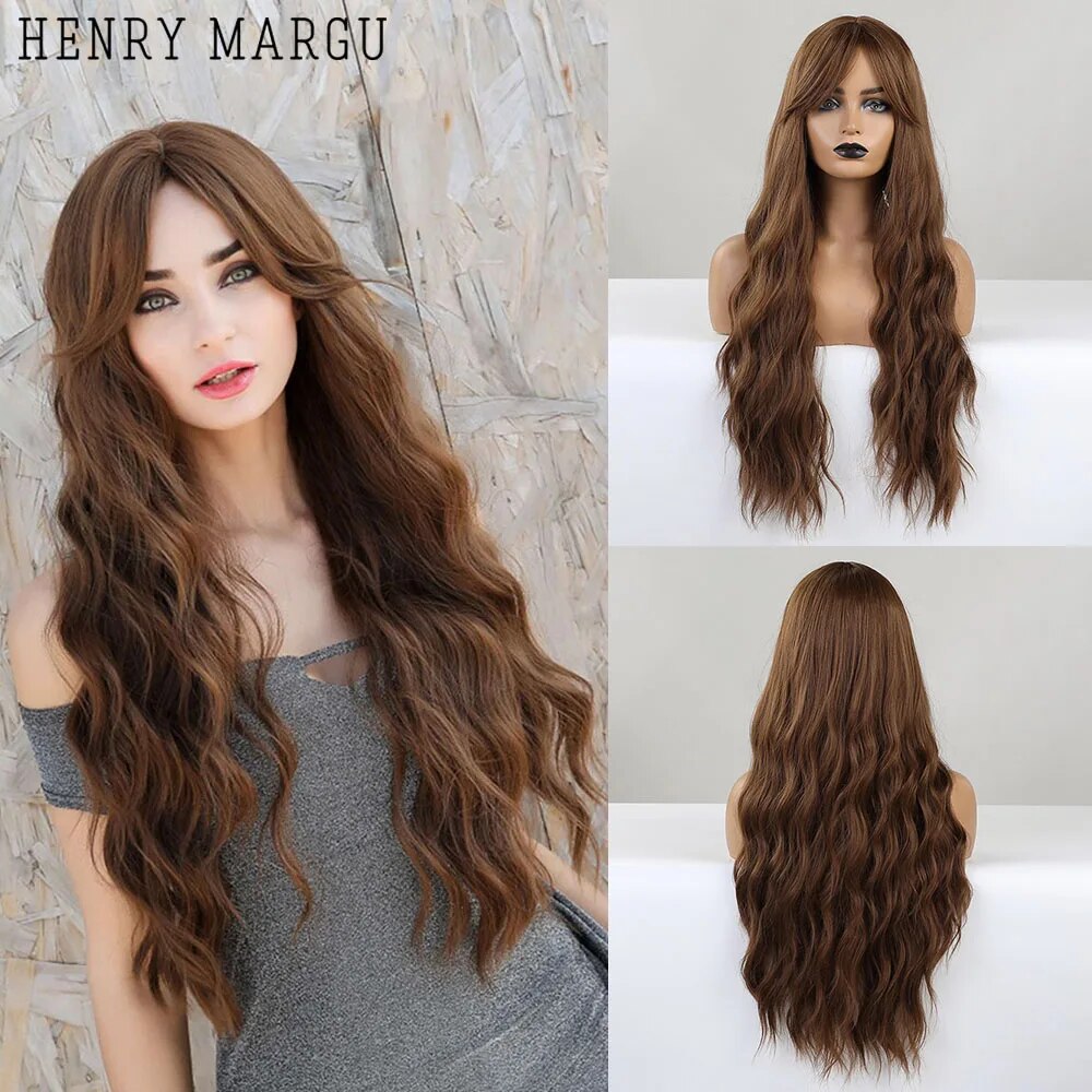 HENRY MARGU Long Brown Wavy Synthetic Wigs with Bangs Natural Water Wave Hairs for Women Daily Cosplay Party Heat Resistant Wigs