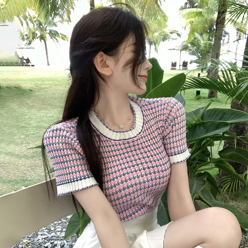 Women O neck girl style short slim knit short sleeved T-shirt top