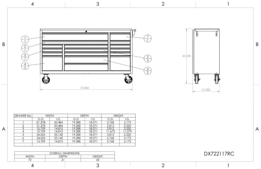 Technical Schematic Of Extreme Tools 72 Roller Cabinet Showing Front And Side Views Along With Detailed Dimensions And Specifications For Each Drawer