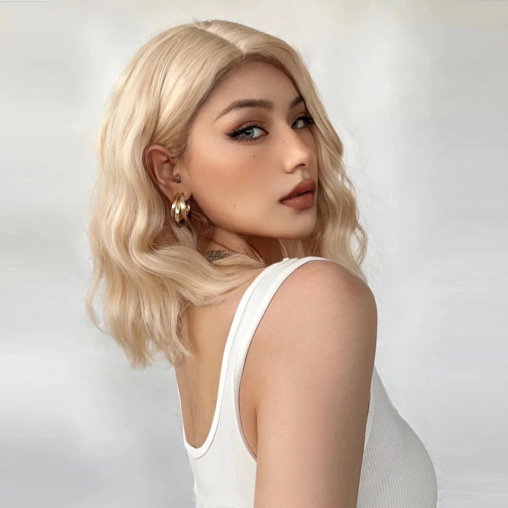 HENRY MARGU Platinum Blonde Short Curly Synthetic Wigs Short Wave Bob Hair Wigs Middle Part Natural Hairline Wig Heat Resistant