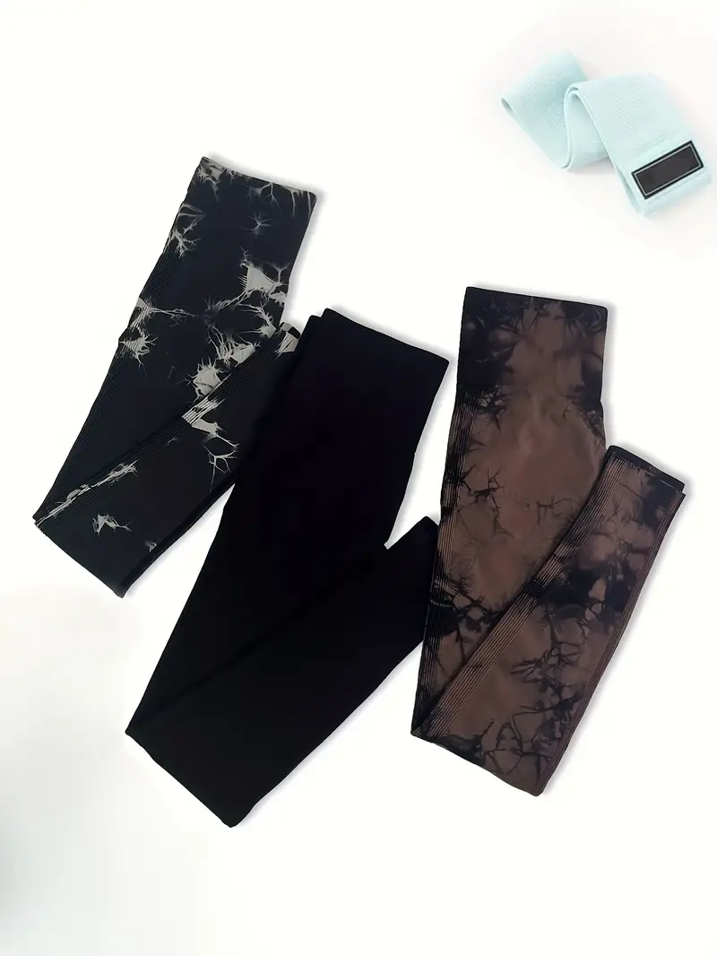 3pcs tie dye high waist sports leggings running workout fitness yoga tight pants womens activewear wide waistband details 39