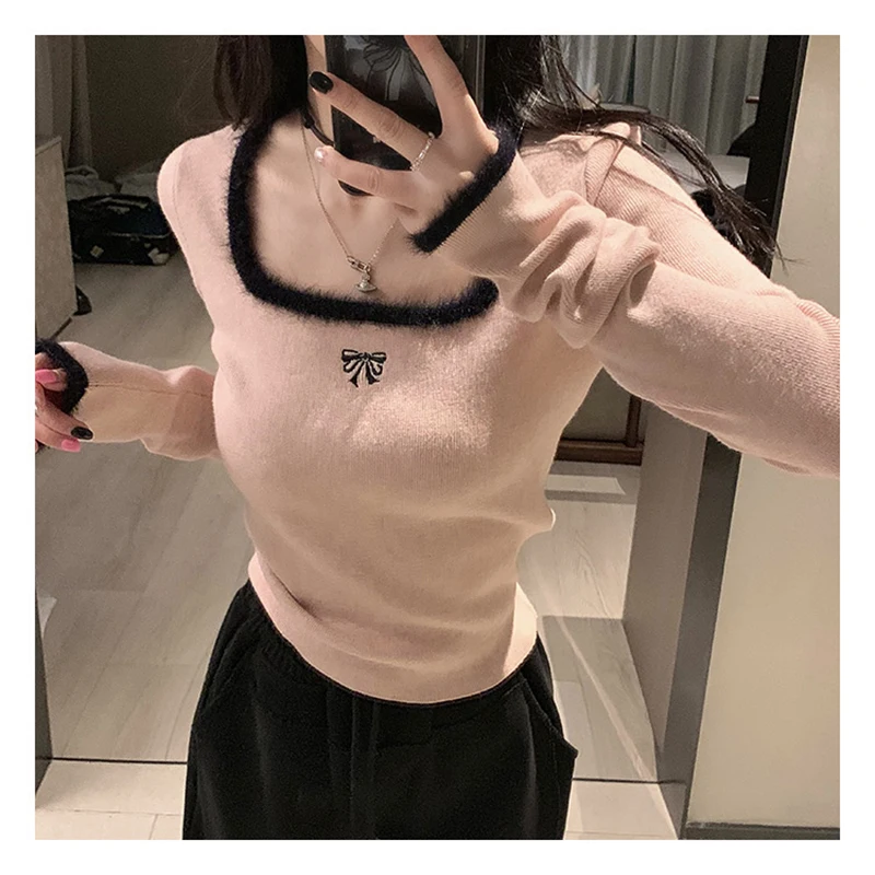 HELIAR Women Butterfly Embroidered T-shirts Square Neck  Long Sleeve Patchwork Y2K T-Shirts Casual Tees Women 2023 Autumn Winter