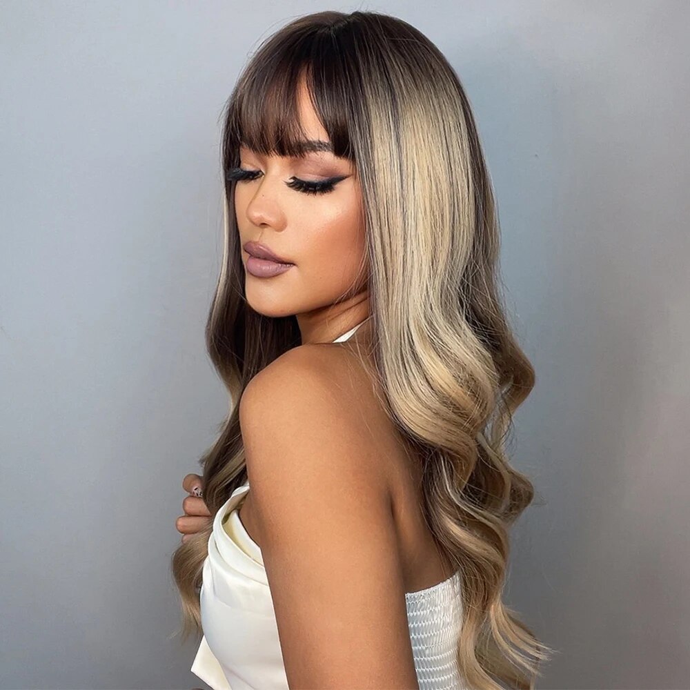 Ombre Brown Gold Highlight Synthetic Wig for Black Women Long Wavy Cosplay Wig with Bangs Natural Daily Heat Resistant Hair