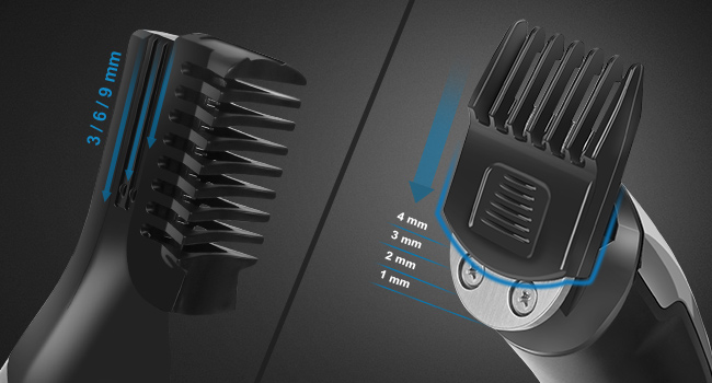 adjustable length of mens body trimmer and precision trimmer combs