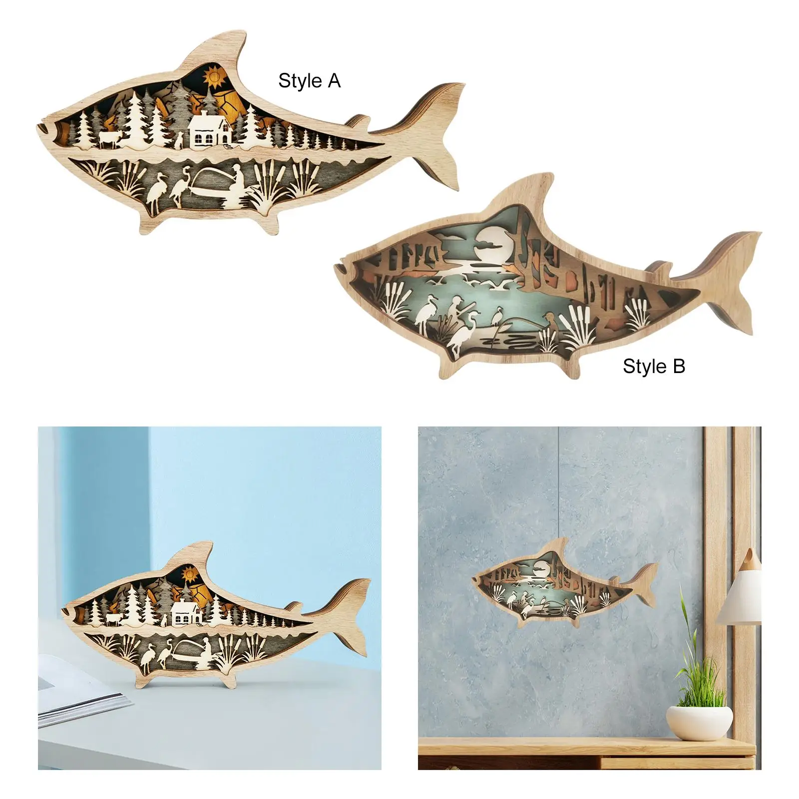 Creative Wooden Sea Creatures Decorative Statues Carved Fish DIY Marine Theme