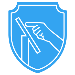 A shield icon with a hand touching a touchscreen monitor in silhouette on it