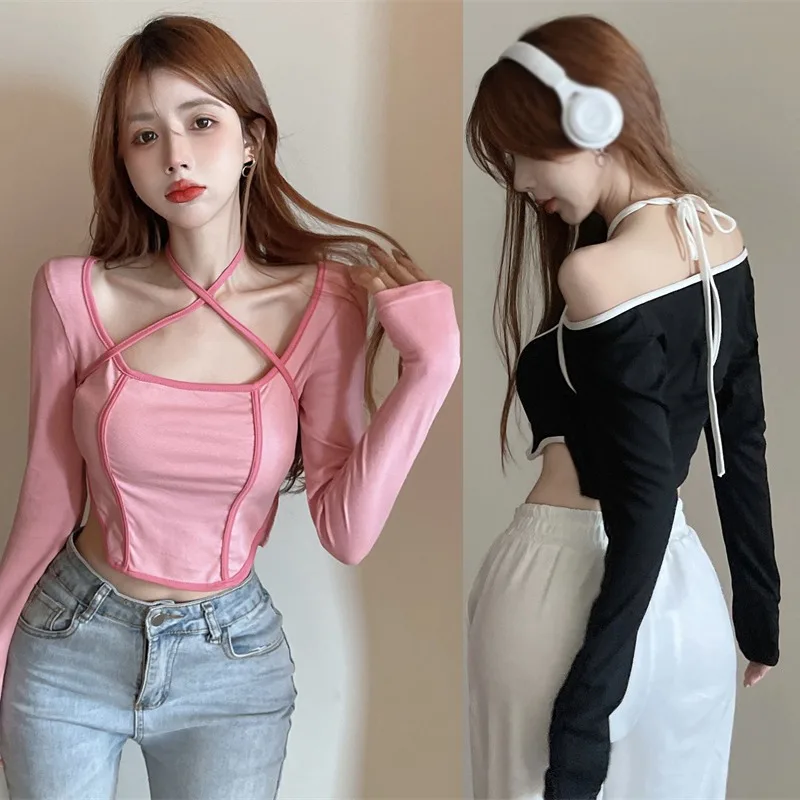 Women's Tops Cross Halter Slim Sexy Expose Navel Long Sleeves Casual T-shirt Square Neck Color Contrast