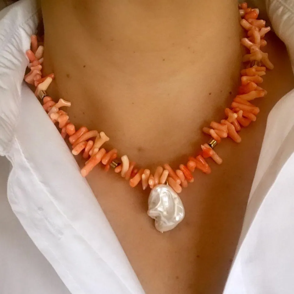 Natural gemstone irregular red coral chip stone natural freshwater pearl jewelry making stainless steel accessories necklace