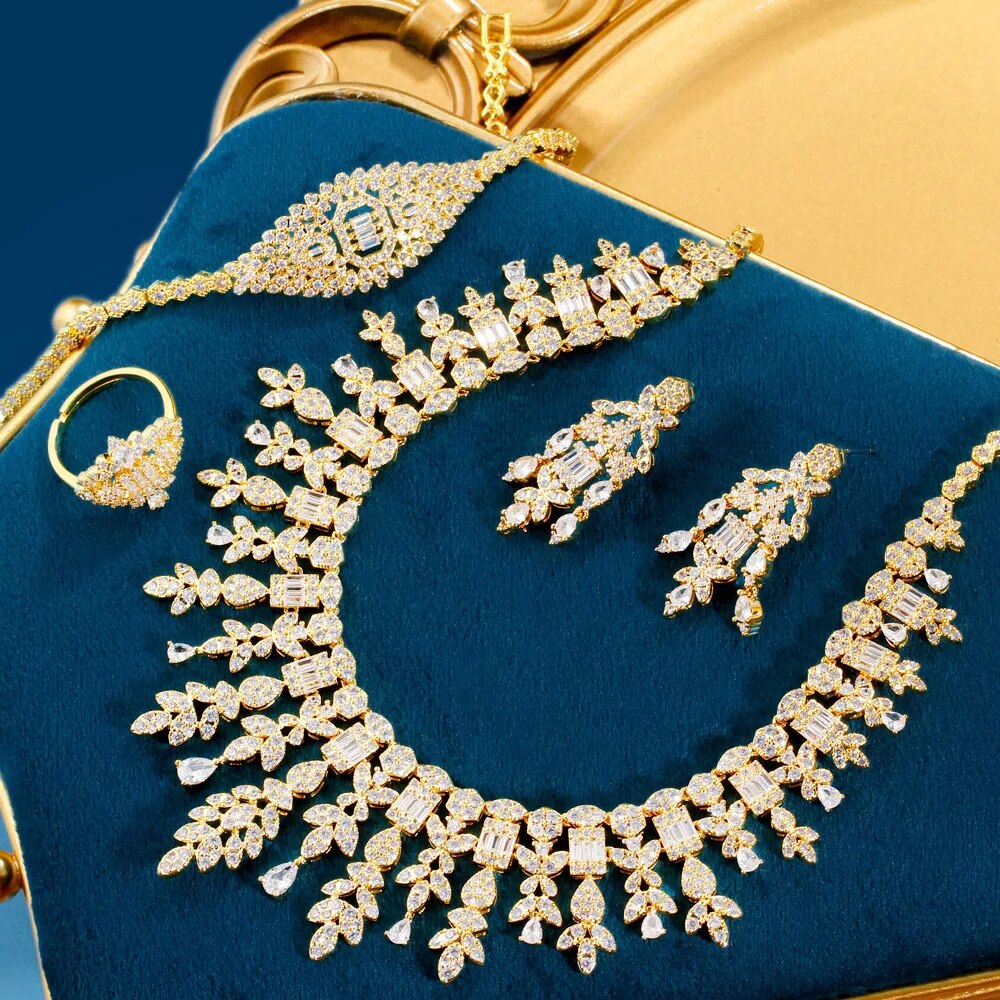 ThreeGraces 4PCS Sparkling Cubic Zirconia Gold Color Luxury Dubai Nigerian Bridal Wedding Party Jewelry Set for Women TZ869