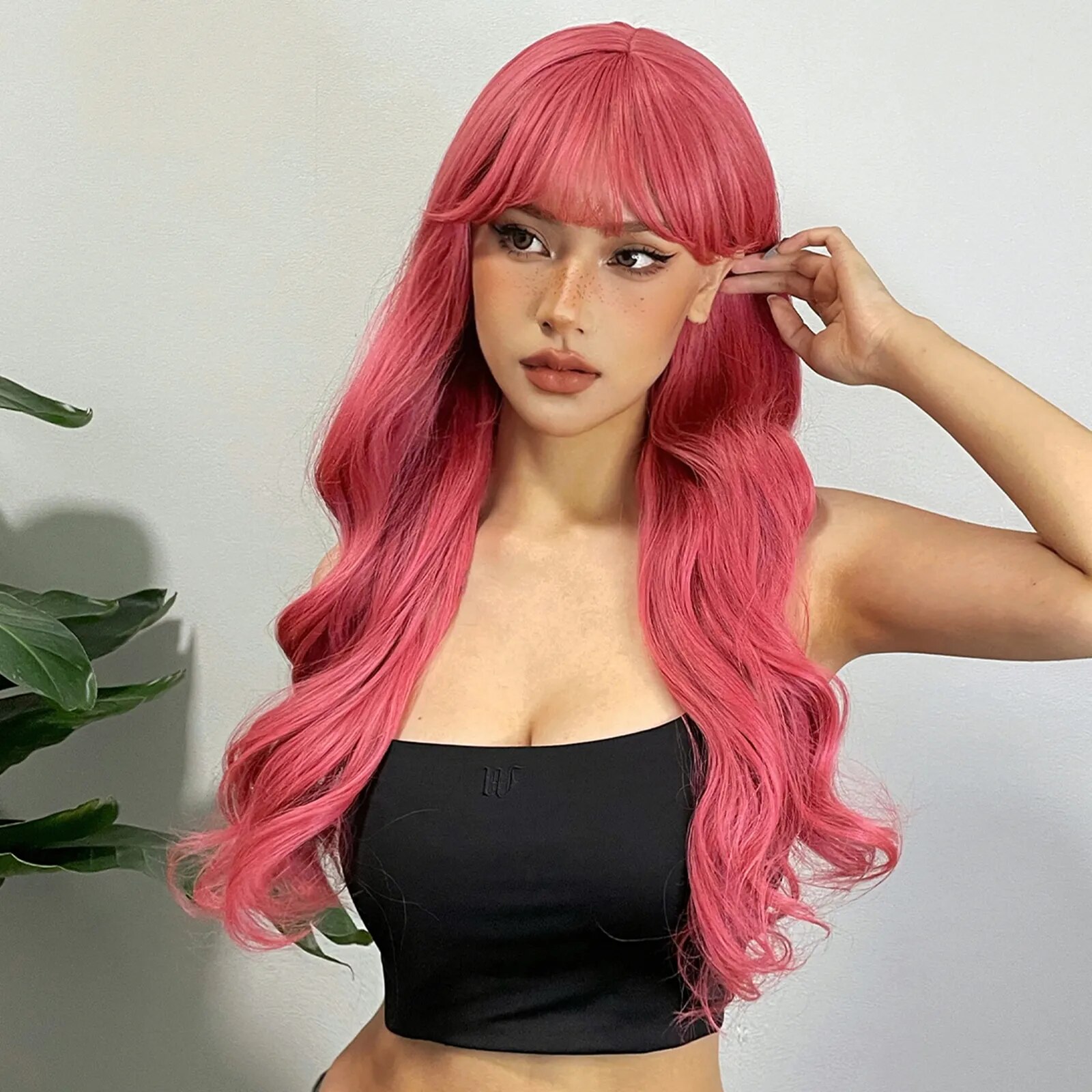 Long Pink Wavy Synthetic Natural Wigs for Women with Bangs Natural Wave Hair Wigs Daily Cosplay Use Lolita Heat Resistant Fiber
