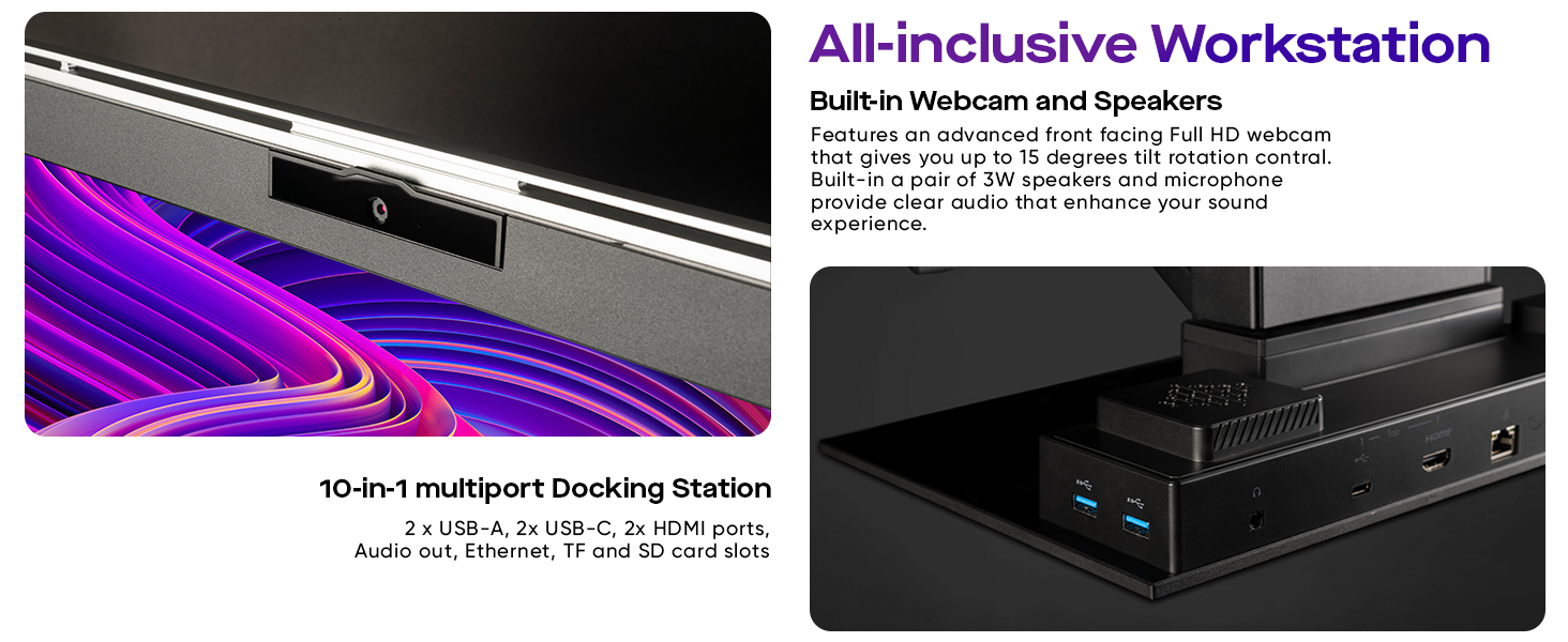 versatile stackable pc monitor with the perfect all-inclusive workstation, speakers and camera