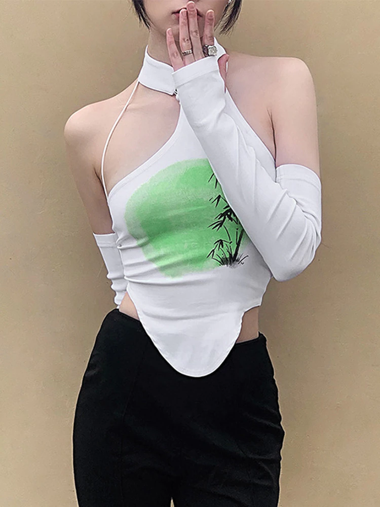 Y2K Top New Year 2022 Anime T-Shirt Long Sleeve Crop Top Backless Women's Tee Shirt Sexy Slim Halter Top Christmas Clothes