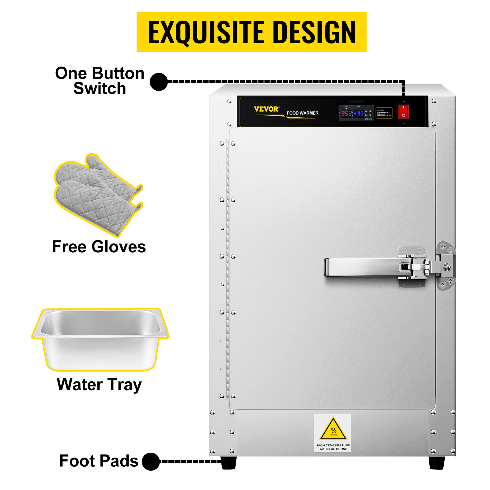 VEVOR hot box food warmer with one button switch, free gloves, water tray, foot pads, and exquisite design.