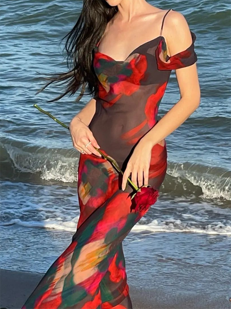 Summer Elegant Off Shoulder Print Maxi Dress for Women Hot Sexy Mesh See Through Club Party Dresses Holiday Beach Female Outfits