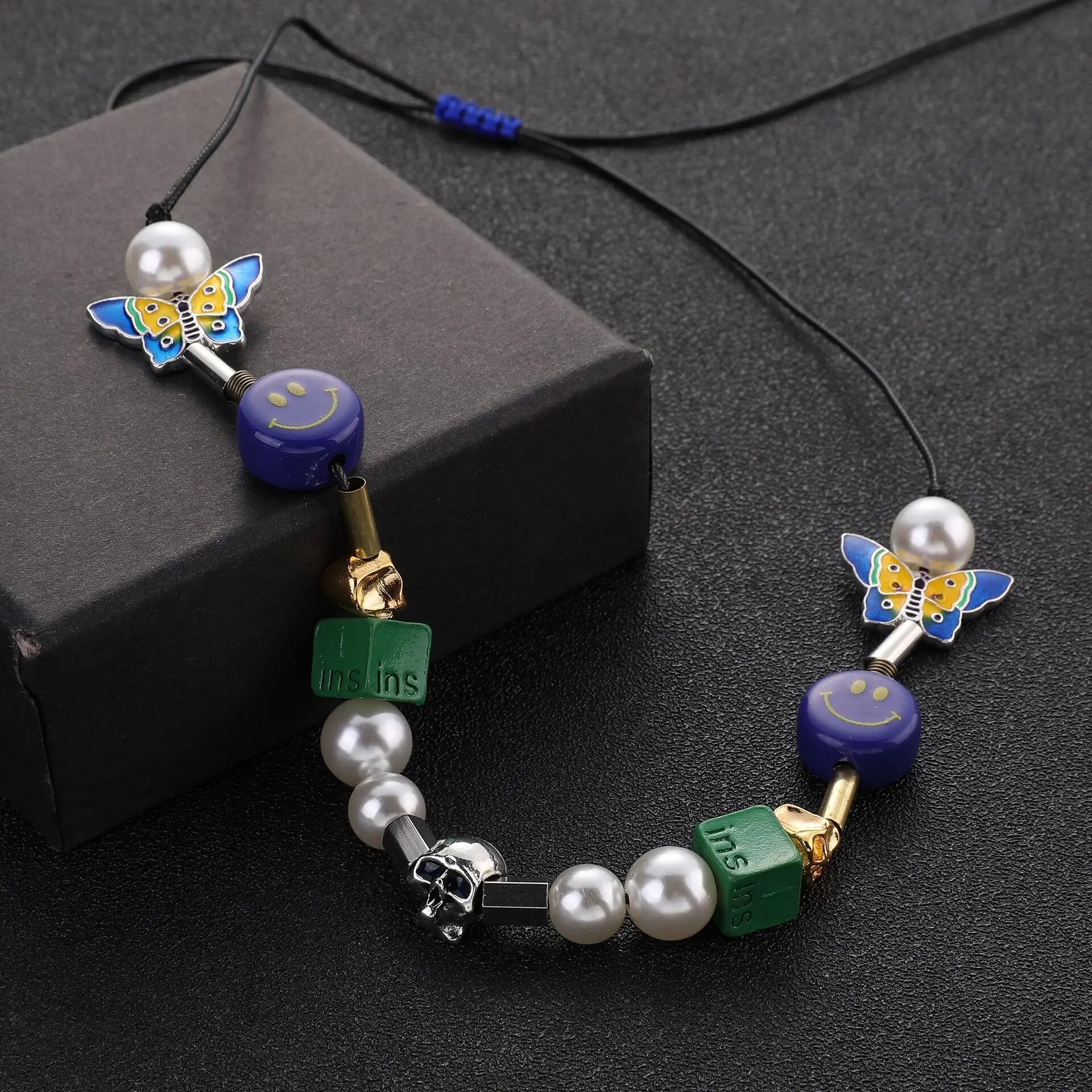 Fashion Blue Dice Skull Necklace Street Christmas Butterfly Round Bead Couple Necklace Gift Hot Sale