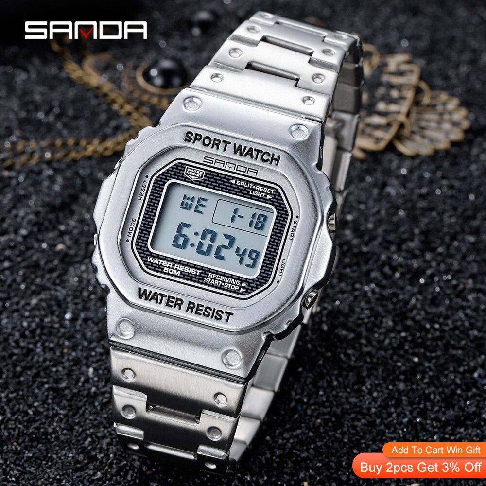 SANDA Top Brand Luxury Men's Watches LED Digital Watch Men 5ATM Casual Waterproof Wristwatch Steel Clock Relogio Masculino 390