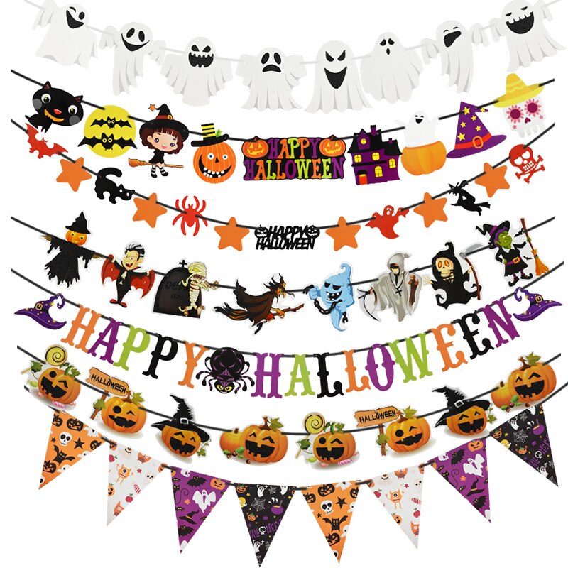 1Pcs Halloween Party Banner Pull Flags Ghost Pumpkin Bat Spider Pull Flag Haunted House Bunting Decoration