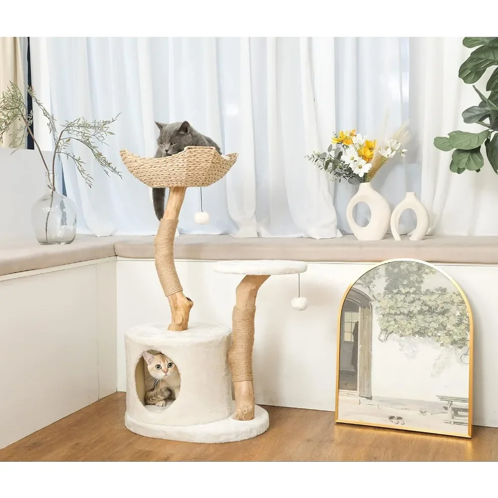Modern Cat Tree for Indoor Small Cats - Real Wood Cat Tower With Scratch Post Hiding Enclosure -  Pet Products