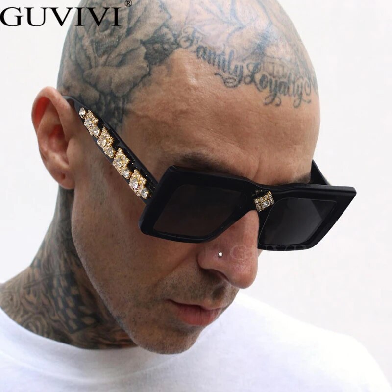 Luxury Rhinestone Square Retro Sunglasses Punk Oversize Geometric Diamond Decor Eyeglasses Women Men Hip Hop Shades UV400