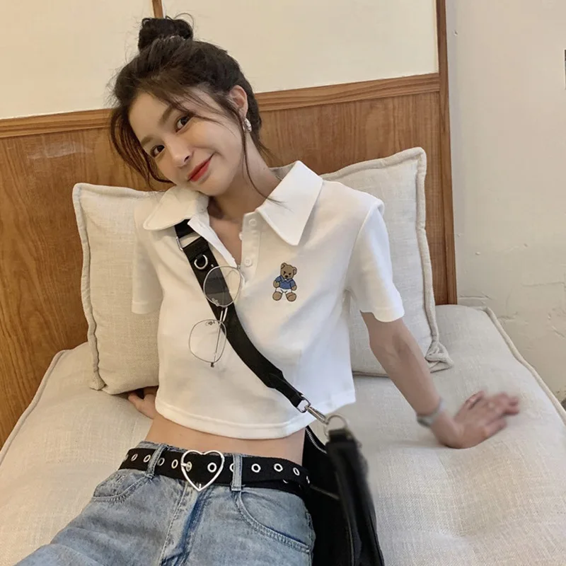 Summer Women'S Loose-Fitting Neck Embroidered Bear Croptop Long-Sleeve T-Shirt Fashion Casual Short Tshirts for Girls Ladies