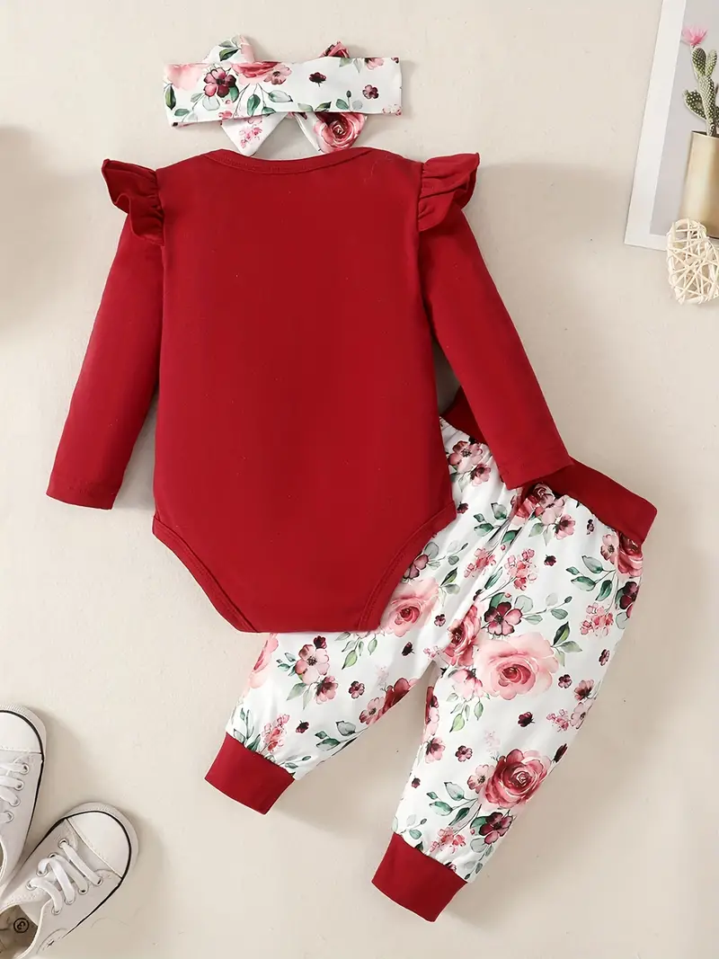 infant baby comfy cute outfit letter graphic romper floral print pants headband set details 10