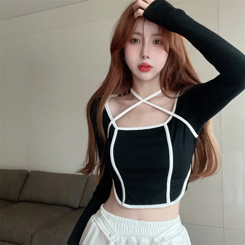 Women's Tops Cross Halter Slim Sexy Expose Navel Long Sleeves Casual T-shirt Square Neck Color Contrast